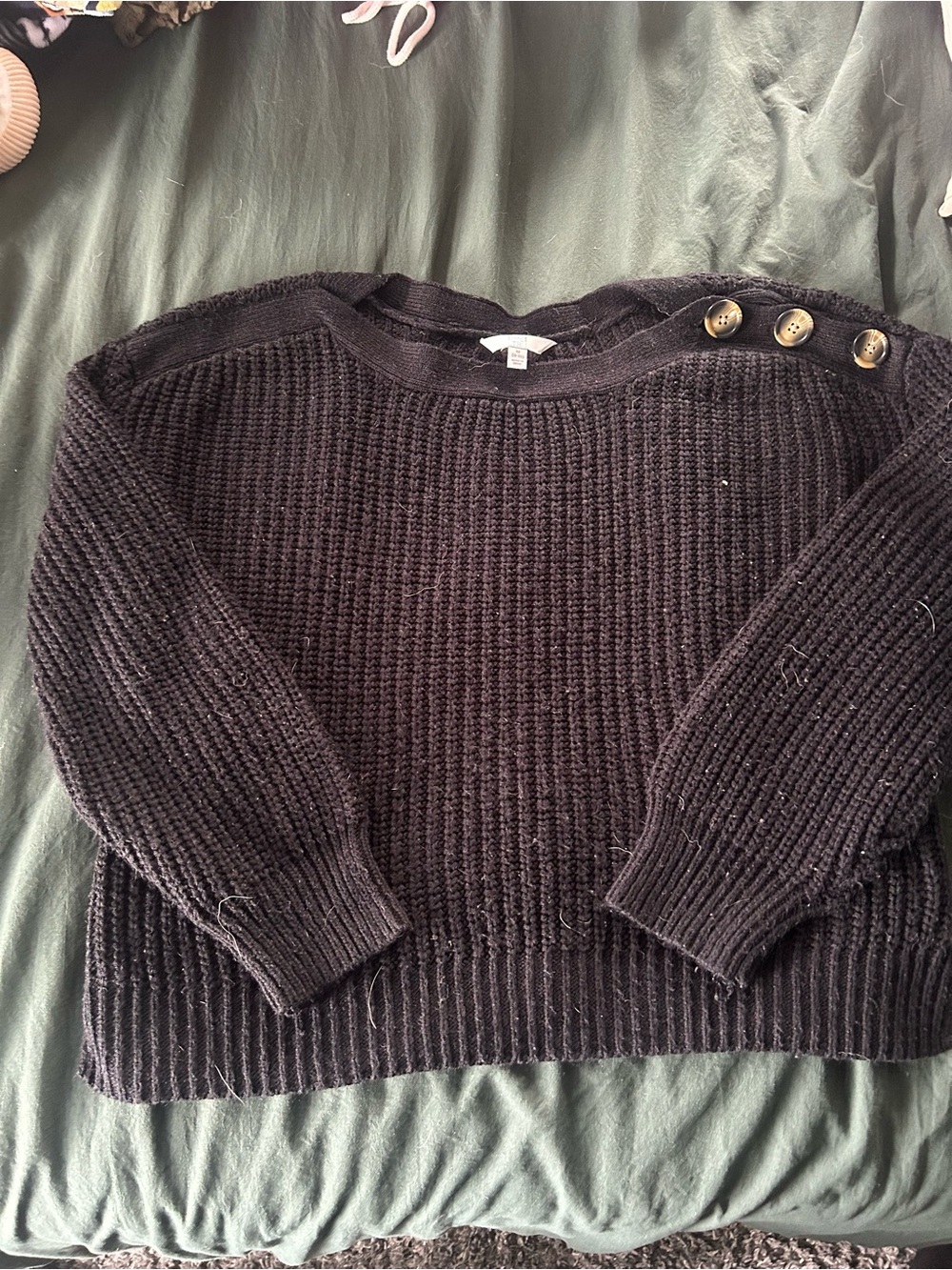 Time and Tru Black Crewneck Sweater with Gold Shoulder Buttons